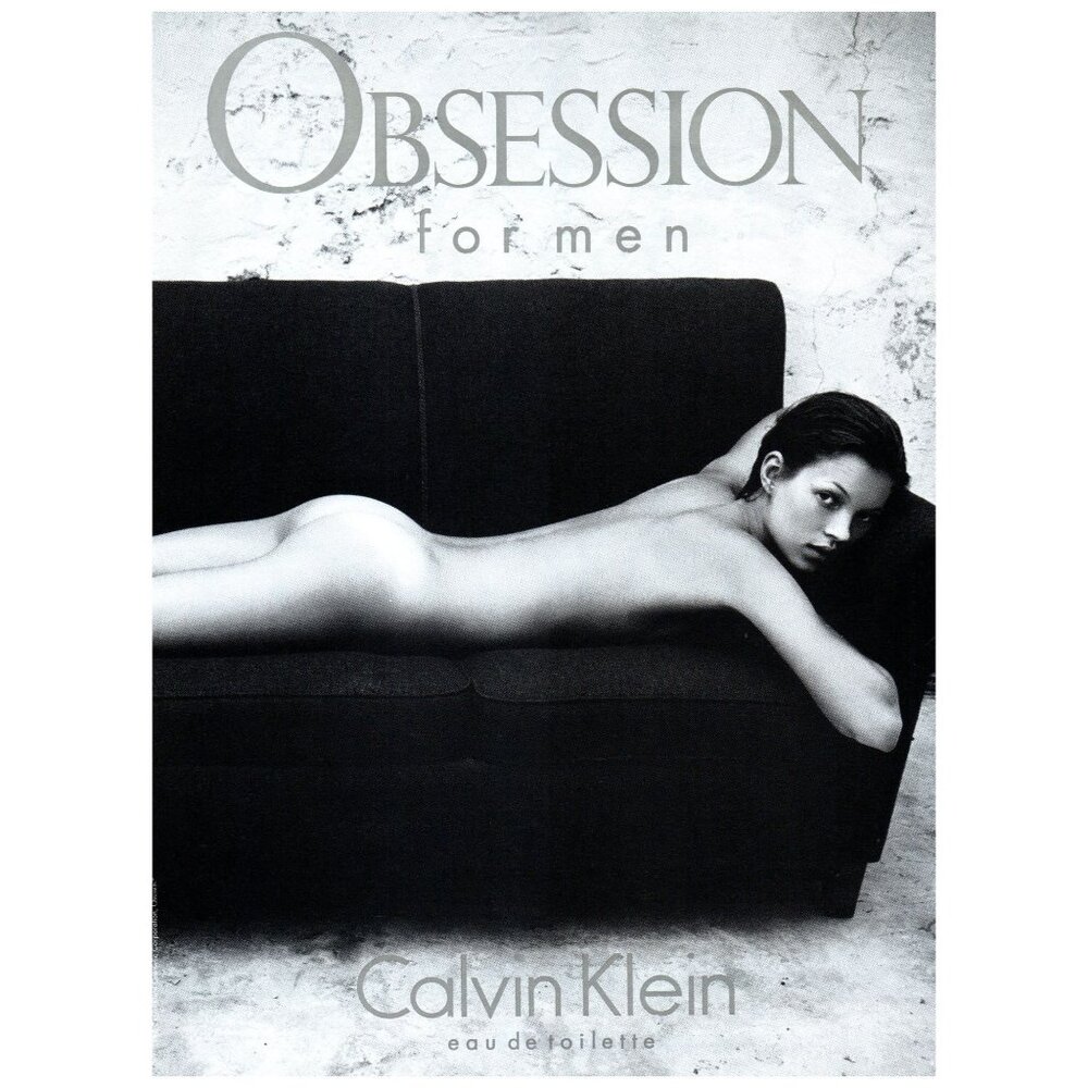 1993 Calvin Klein Obsession for Men Cologne Vintage Print Ad Woman Couch 90s Art